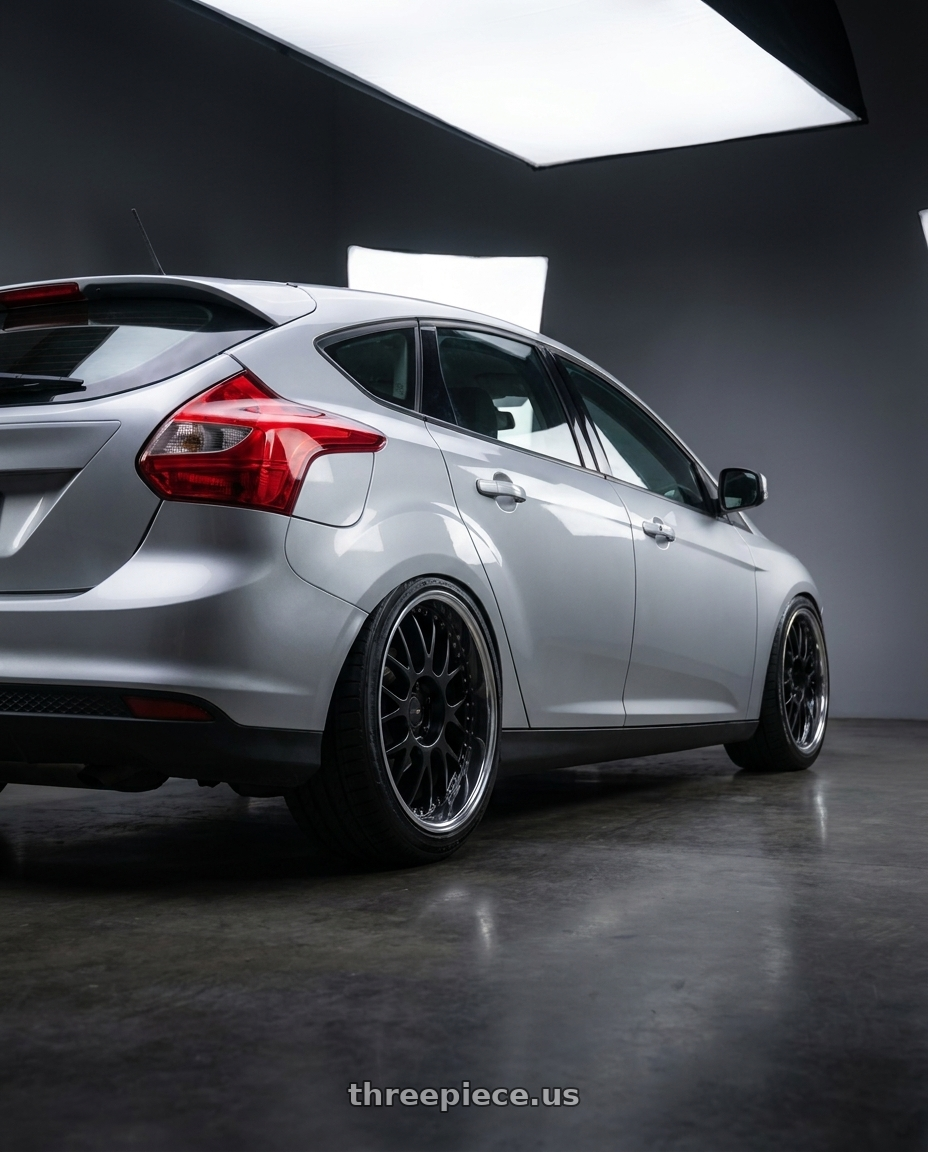 2014 ford focus mk3 1.6 silver with SSR Professor MS1R 5x108 17x8.5+35 MD Disk Black wheels rear three quarter view slight stretch tires