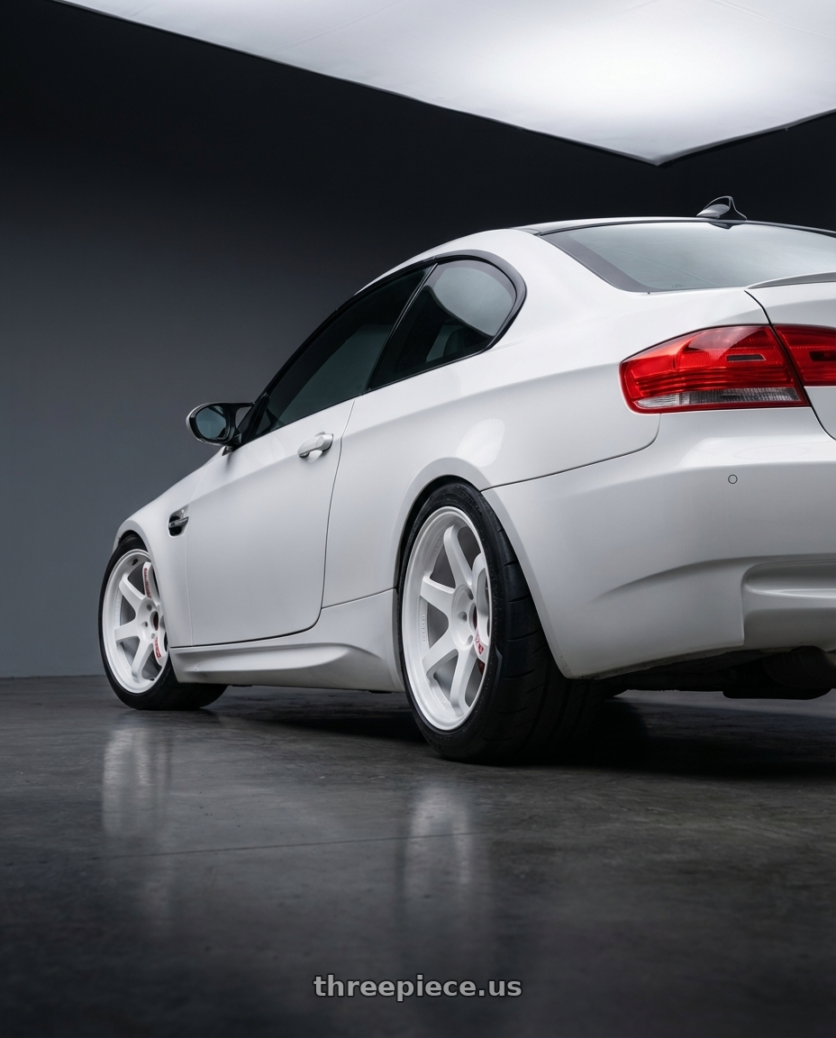 2008 BMW M3 with Volk Racing TE37SL 5x114.3 18x10.5 +22 DASH WHITE wheels rear three quarter view meaty tires