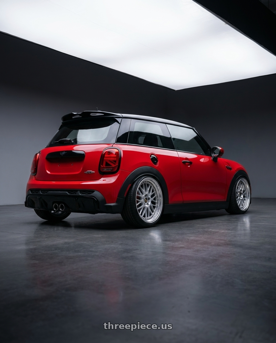 2025 mini jcw red with Work Vs-Xx 5x112 18x8+45 O Disk Light Grey Silver wheels rear three quarter view slight stretch tires
