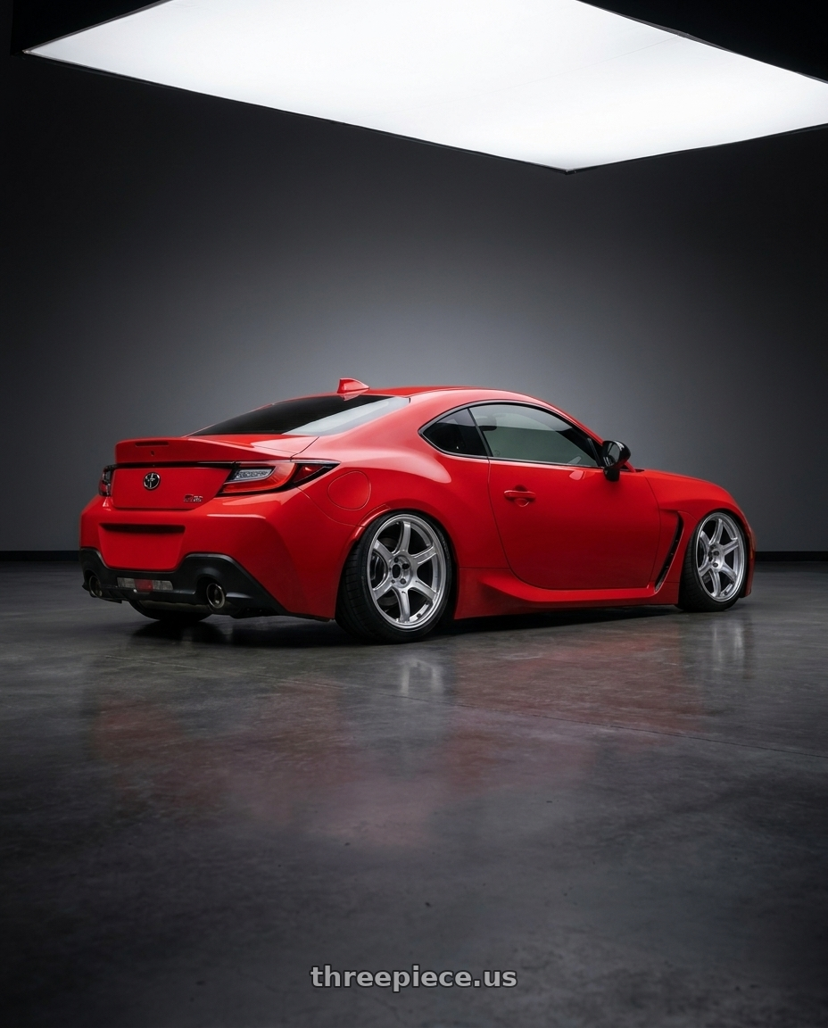 2022 Toyota gr86 with Ssr Gtx03 5x100 18x8.5+45  PLATINUM SILVER wheels rear three quarter view slight stretch tires