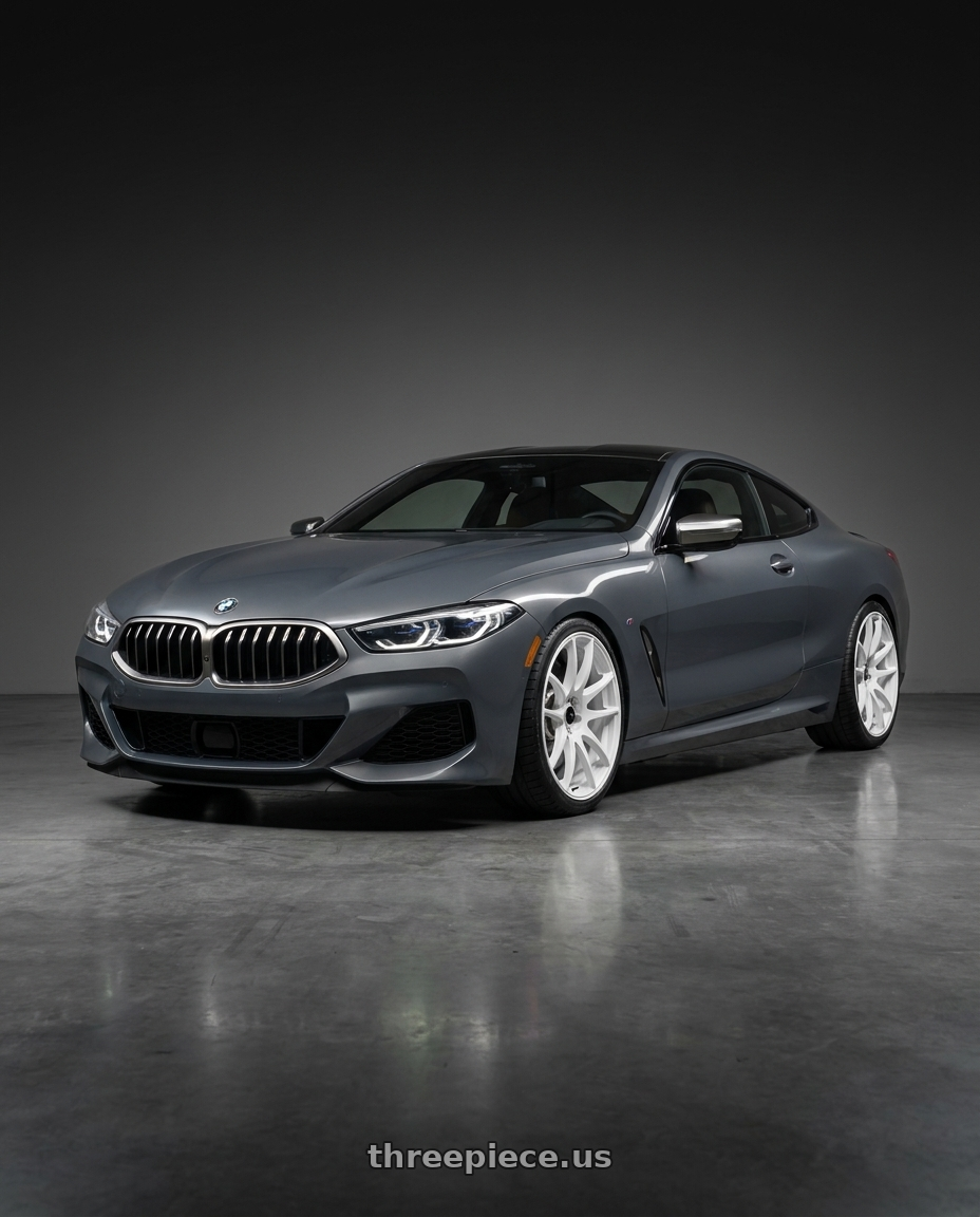 2023 BMW M8 with Vors TR4 5x112 20x9.5  +35 White wheels front three quarter view lowered stance