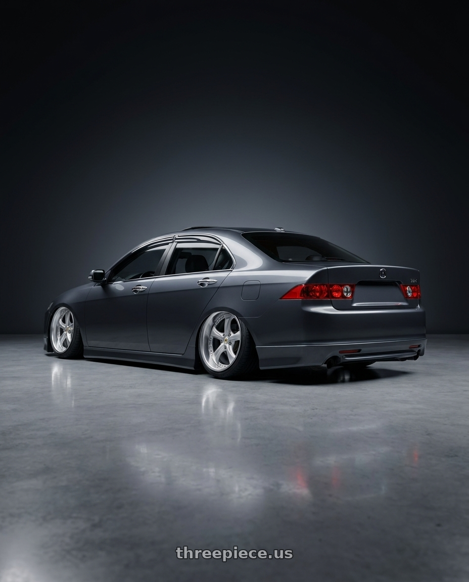 2008 Acura Tsx with Work Wheels VS-KF 5x114.3 18x9.5+1 Light Grey Silver R Disk FULL REVERSE wheels rear three quarter view extreme stretch tires