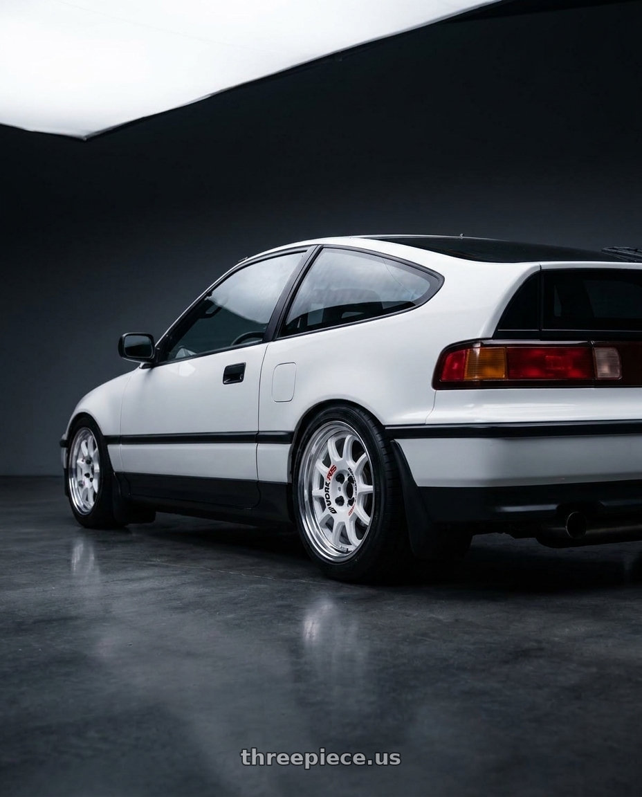 1991 Honda CRX with Work Emotion Rs11 2p 4x100 15x6.5 38 white wheels rear three quarter view square tires