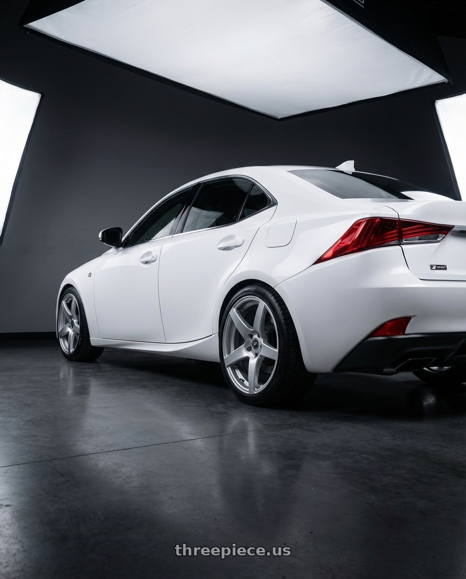 2018 Lexus IS 350 F Sport with Forgestar CF5 5x114.3 19x9.5 +29 Gloss Silver wheels rear three quarter view square tires