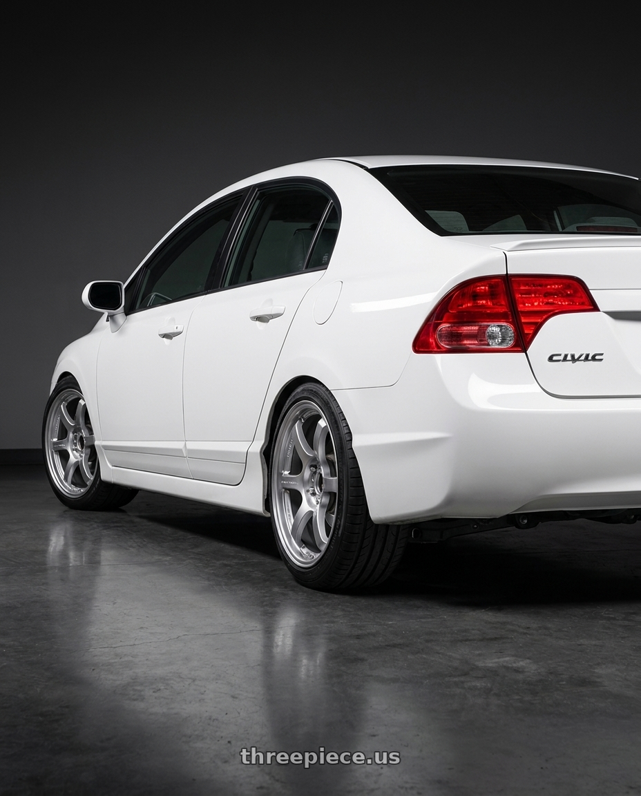 2007 honda civic ex with Gram Lights 57DR 5x114.3 17x9.0+38 Grace Silver wheels rear three quarter view square tires