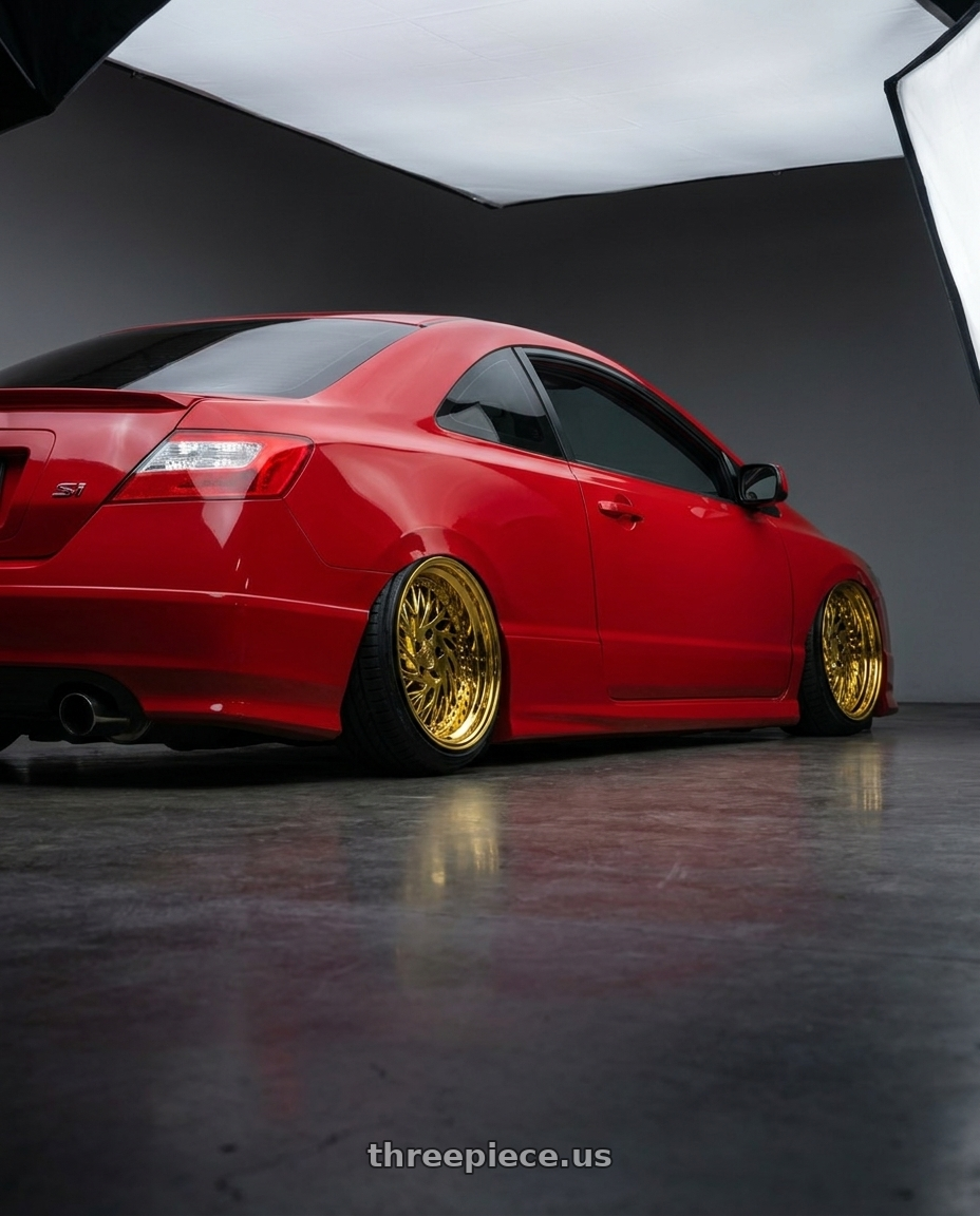 2011 Honda Civic Si with Aodhan DS03 5x114.3 18x9.5 +30 Gold Vacuum w/ Chrome Rivets wheels rear three quarter view slight stretch tires