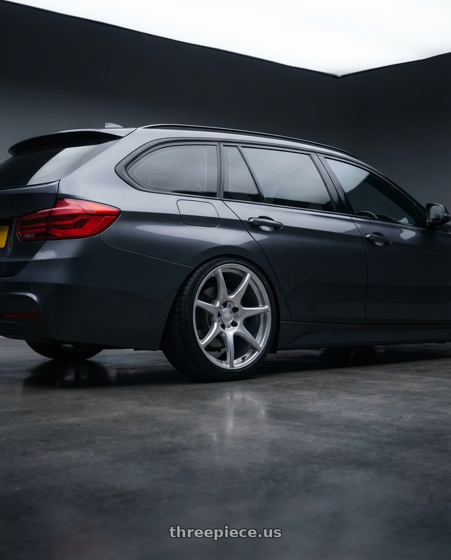 2016 BMW 3 Series F30 with Kansei K11S Tandem 5X120 19x10.5 22 Hyper Silver wheels rear three quarter view square tires