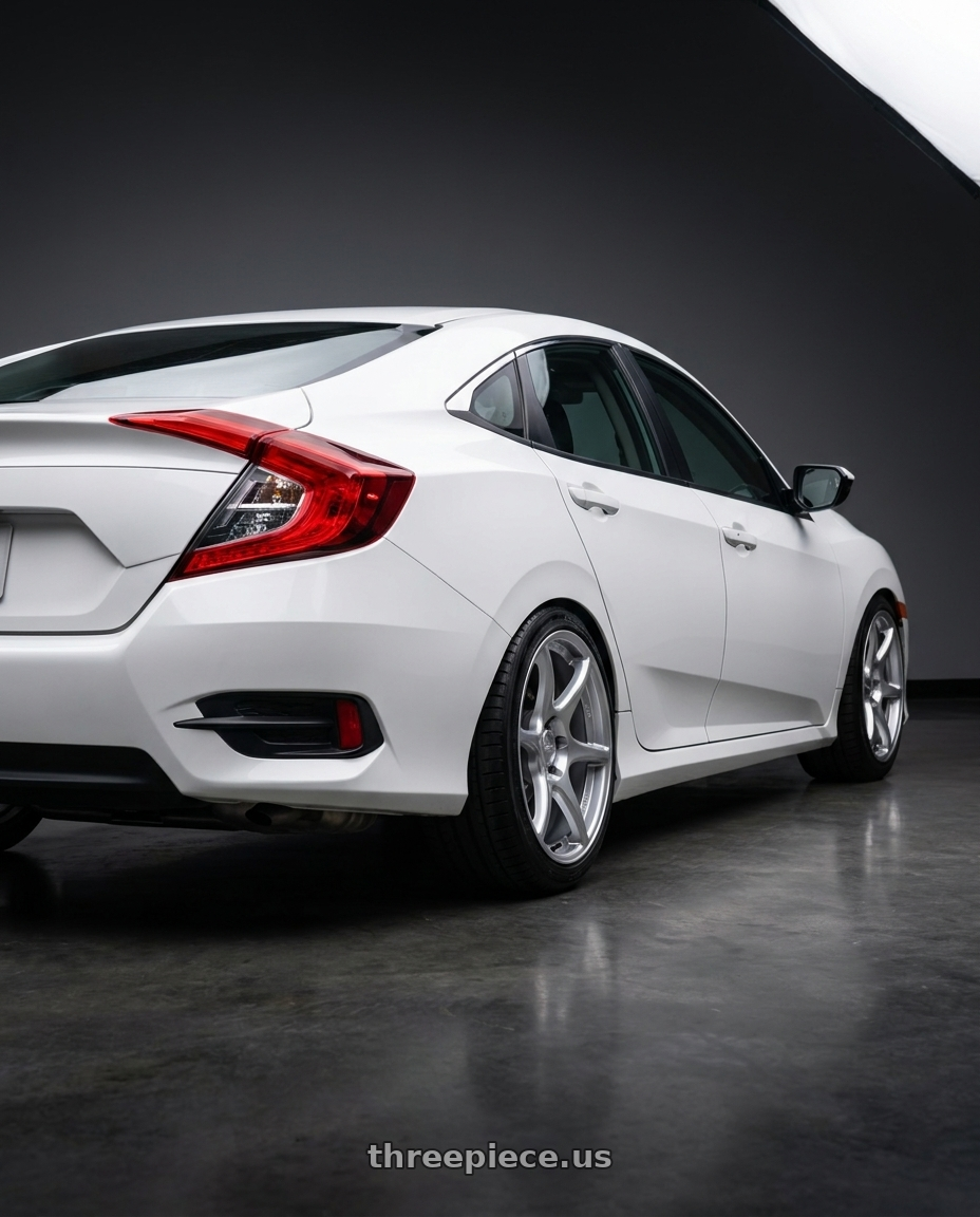 2017 Honda Civic 1 5L with Kansei K11S Tandem 5x114.3 17x9 35 Hyper Silver wheels rear three quarter view slight stretch tires
