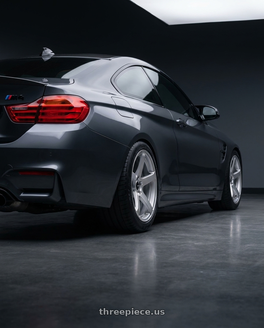 2019 BMW m4 with Enkei Kojin 5x100 17x9+45 Matte Silver wheels rear three quarter view meaty tires