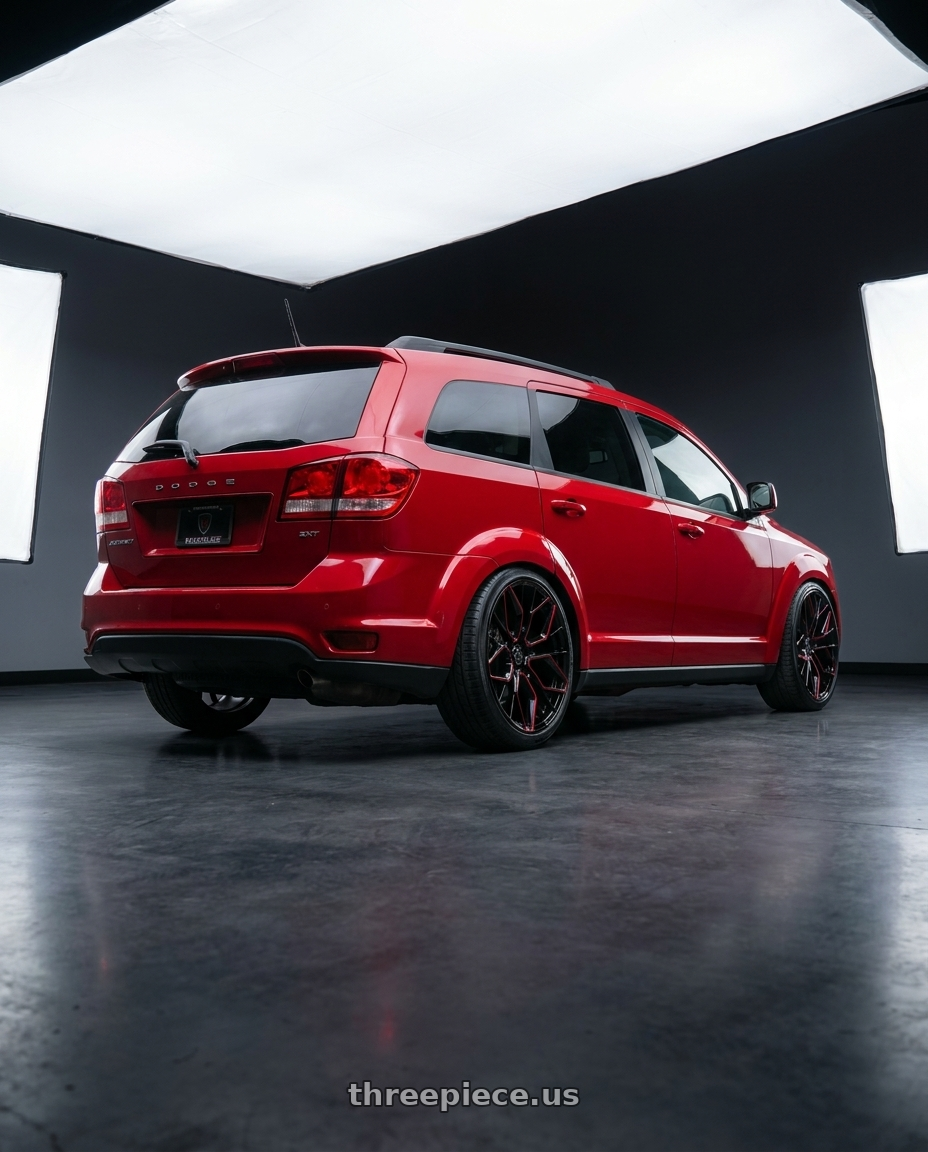 2017 Dodge Journey SXT with MARQUEE WHEELS M1004 5x127 20x9+33 GLOSS BLACK / RED MILLED wheels rear three quarter view extreme stretch tires