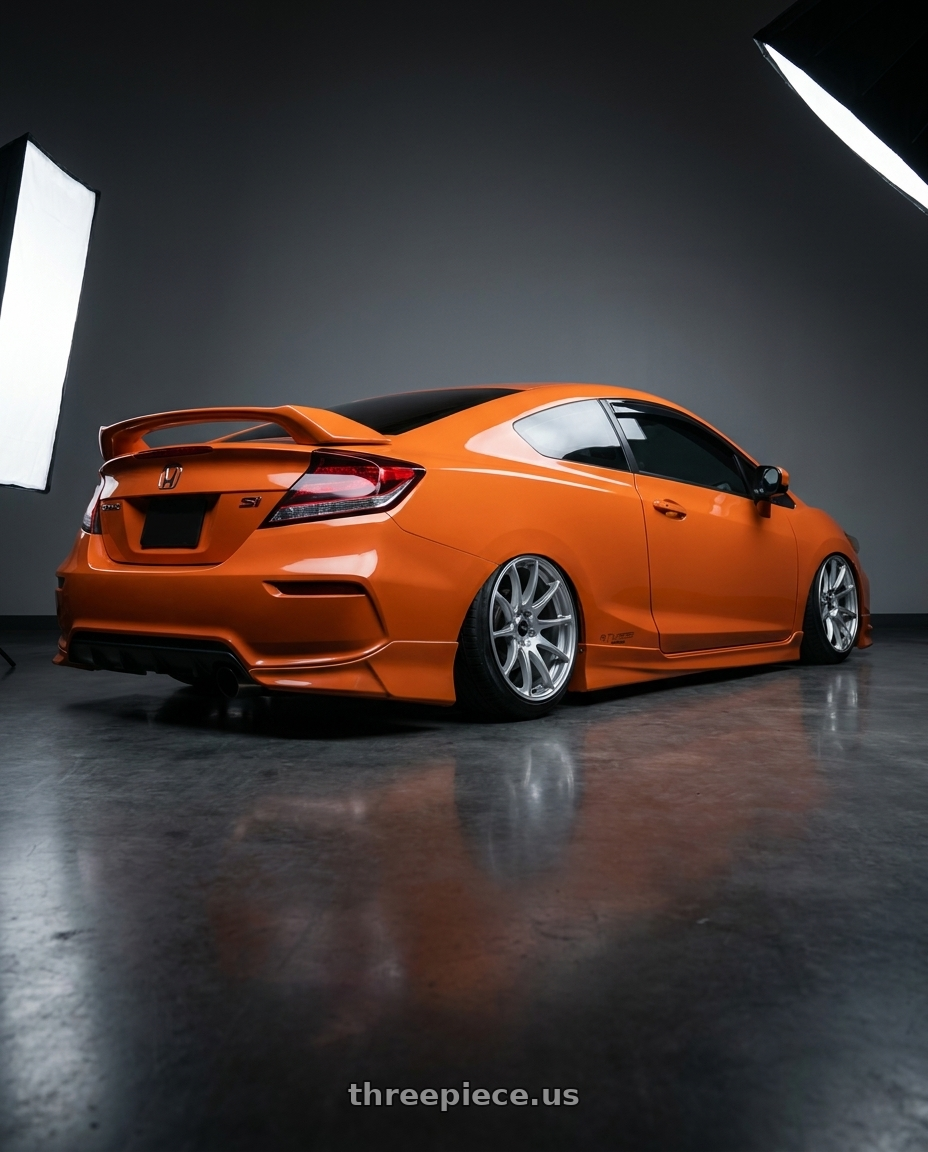 2015 honda civic si with Vors TR4 4x100/4x114.3 17x8  +35 Silver Machine Face wheels rear three quarter view extreme stretch tires