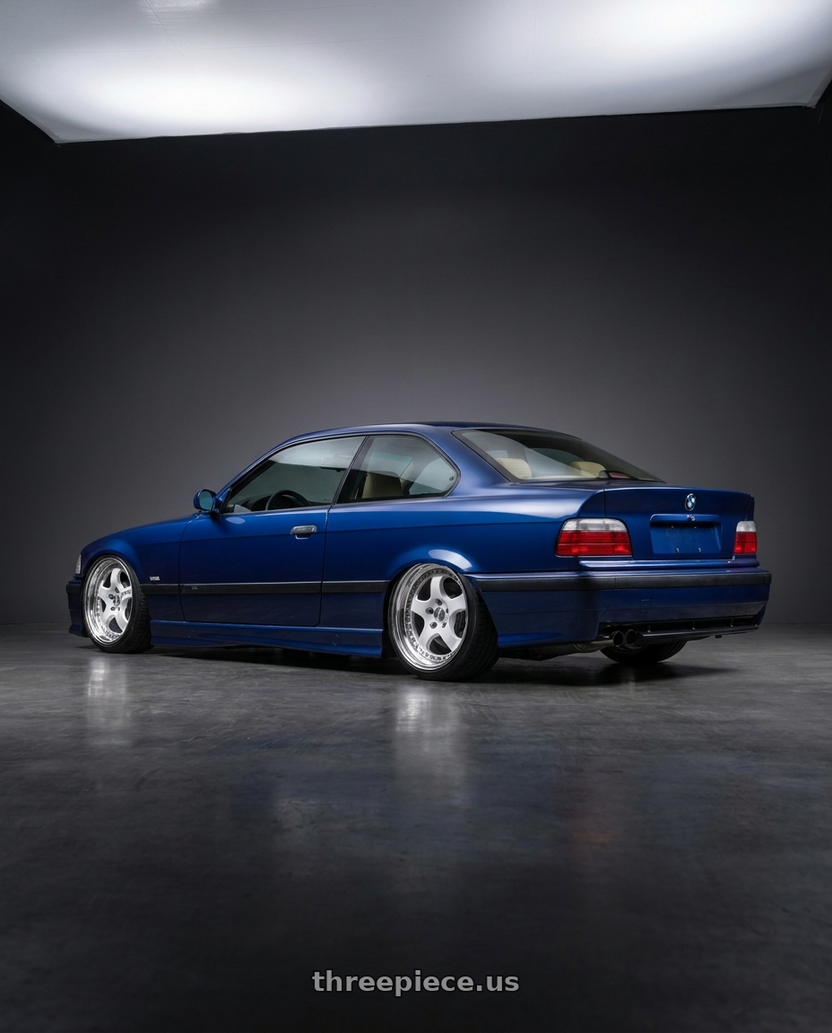 1997 BMW 328i with CCW CZ08 5x120 17x8 +35 Polished wheels rear three quarter view slight stretch tires