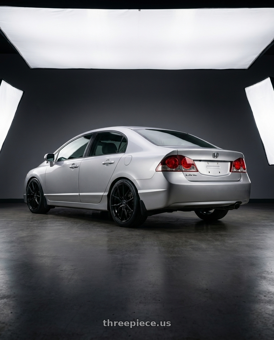 2009 Civic Fd1 with Advanti Racing 80B Hybris 5x114.3 18x8 +45 Gloss Black wheels rear three quarter view square tires
