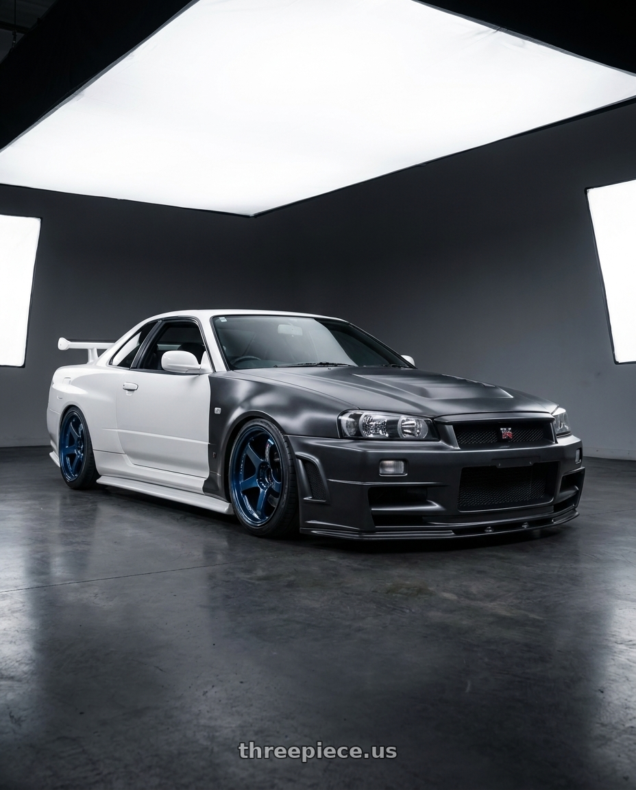 2002 Nissan Skyline R34 GTR with Advan Racing GT for PORSCHE 5x130 21x11.0 +60 RACING TITANIUM BLUE & RING wheels
