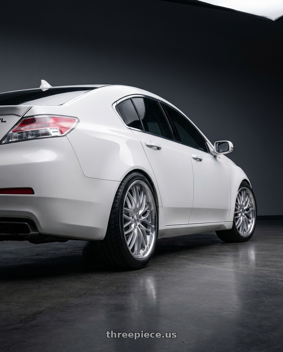 2013 Acura TL SH-AWD White with MRR GT1 5x120 18x8.5  +35 Hyper Silver Machine Lip wheels rear three quarter view square tires