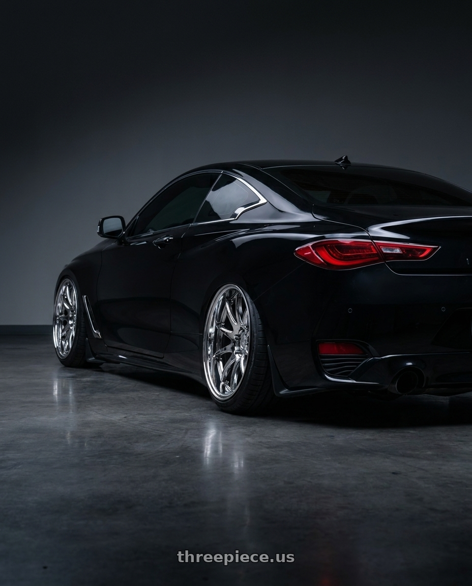2018 Infiniti Q60 with Aodhan DS02 5x114.3 19x8.5 +35 Vacuum Chrome wheels rear three quarter view slight stretch tires