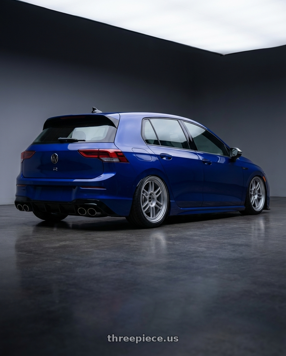 2026 Volkswagen Golf R with Enkei RPF1 5x112 18x9+35 Silver wheels rear three quarter view slight stretch tires