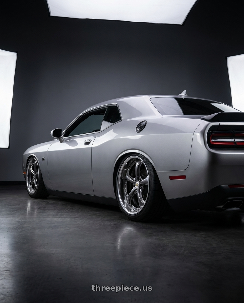 2016 dodge challenger rt plus with Work Wheels VS-KF 5x115 20x8.5+35 Brilliant Silver Black L Disk FULL REVERSE wheels rear three quarter view slight stretch tires