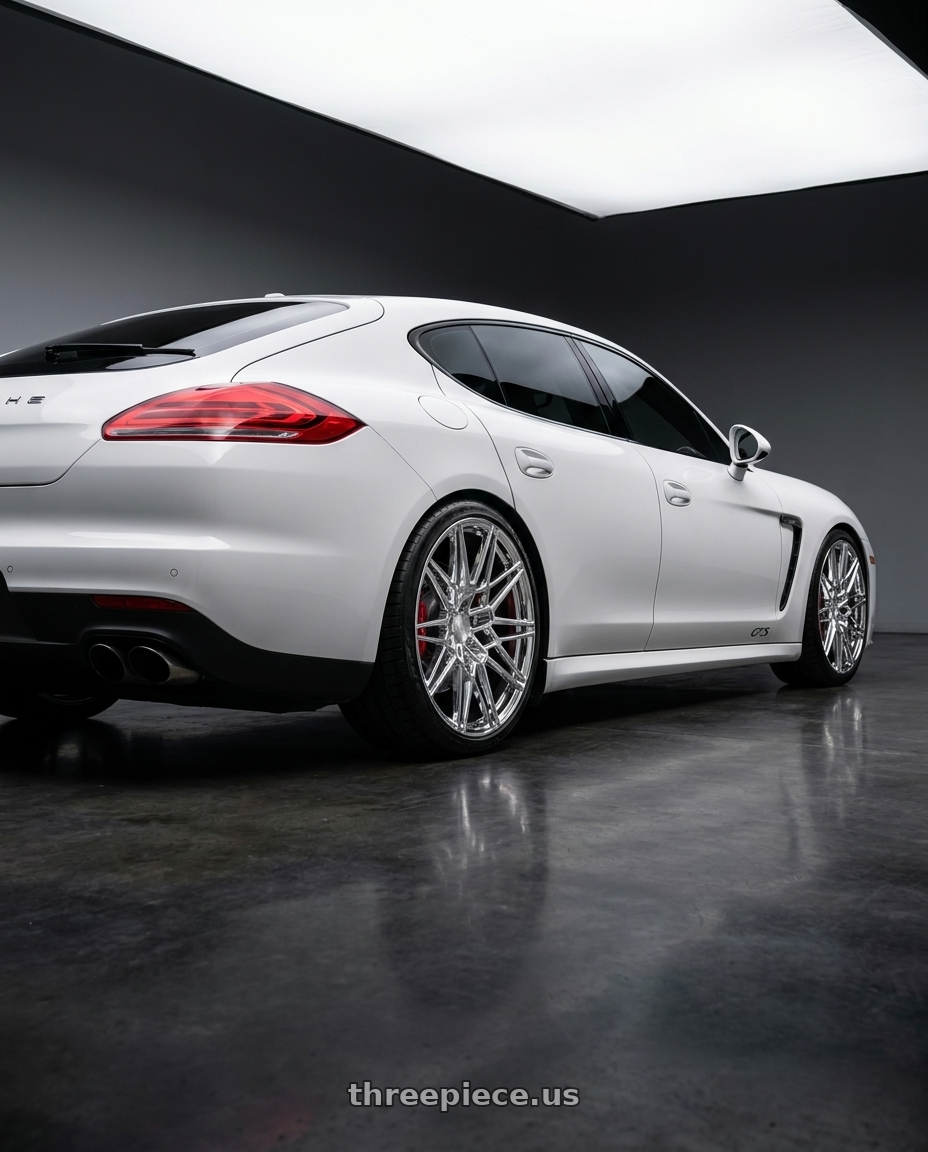 2014 porsche panamera gts with Axe CF1 5x130 20X9+45 CHROME wheels rear three quarter view slight stretch tires