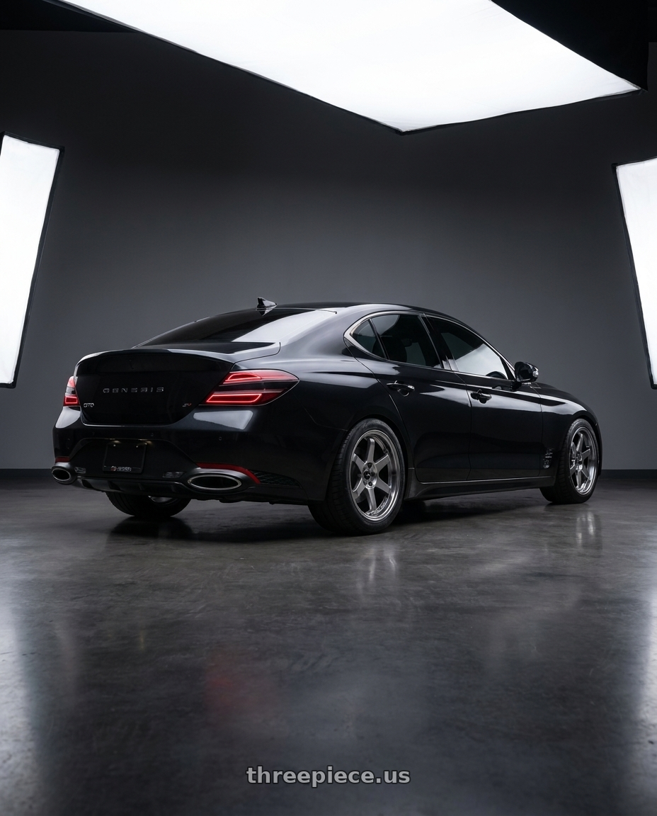 2023 Genesis G70 Victoria Black with Vors TR37 5x114.3 19x8.5  +35 Hyper Black wheels rear three quarter view meaty tires