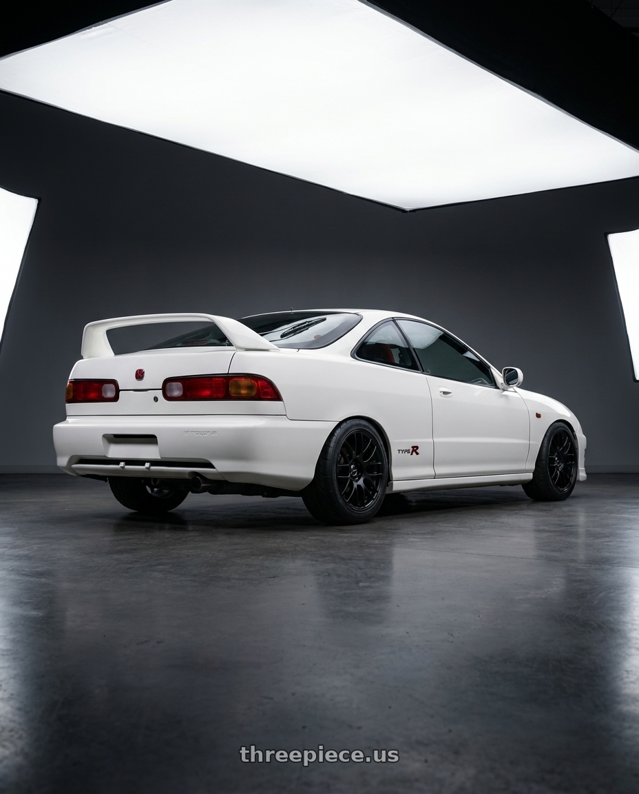 2000 acura integra with Work Emotion m8r 5x114.3 17x7 +38 Matte Black wheels rear three quarter view meaty tires