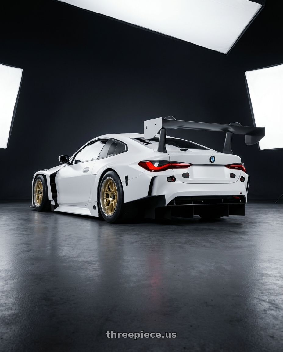 2024 BMW M4 GT3 with BBS RS-GT 5x130 18x11 +45 Gold wheels rear three quarter view meaty tires