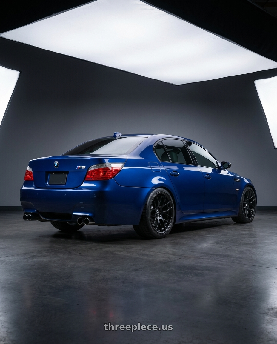 2010 BMW M5 E60 with Avant Garde Wheels M359 5X120 19x10 +25 Matte Black wheels rear three quarter view square tires