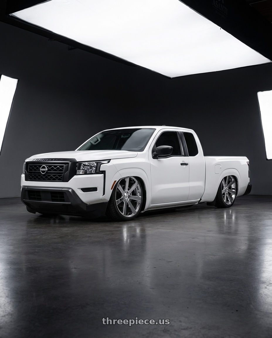 2025 Nissan frontier kingcab white base model with Asanti Black ABL-15 APOLLO 6X139.7 24X9 +15 CHROME wheels