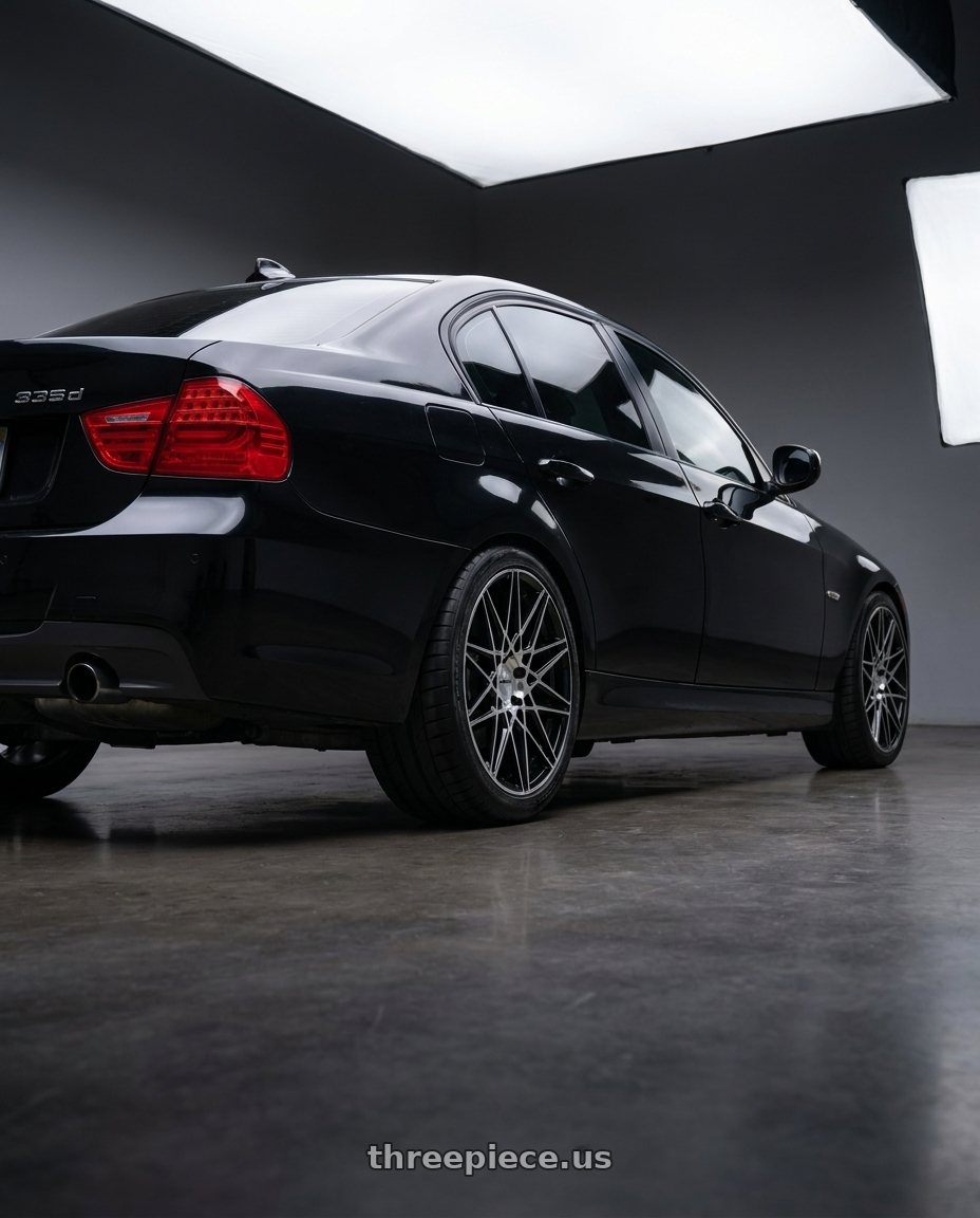 2011 bmw 335d with Petrol P3C 5X120 18X8 +35 GLOSS BLACK W/ MACHINED FACE wheels rear three quarter view meaty tires