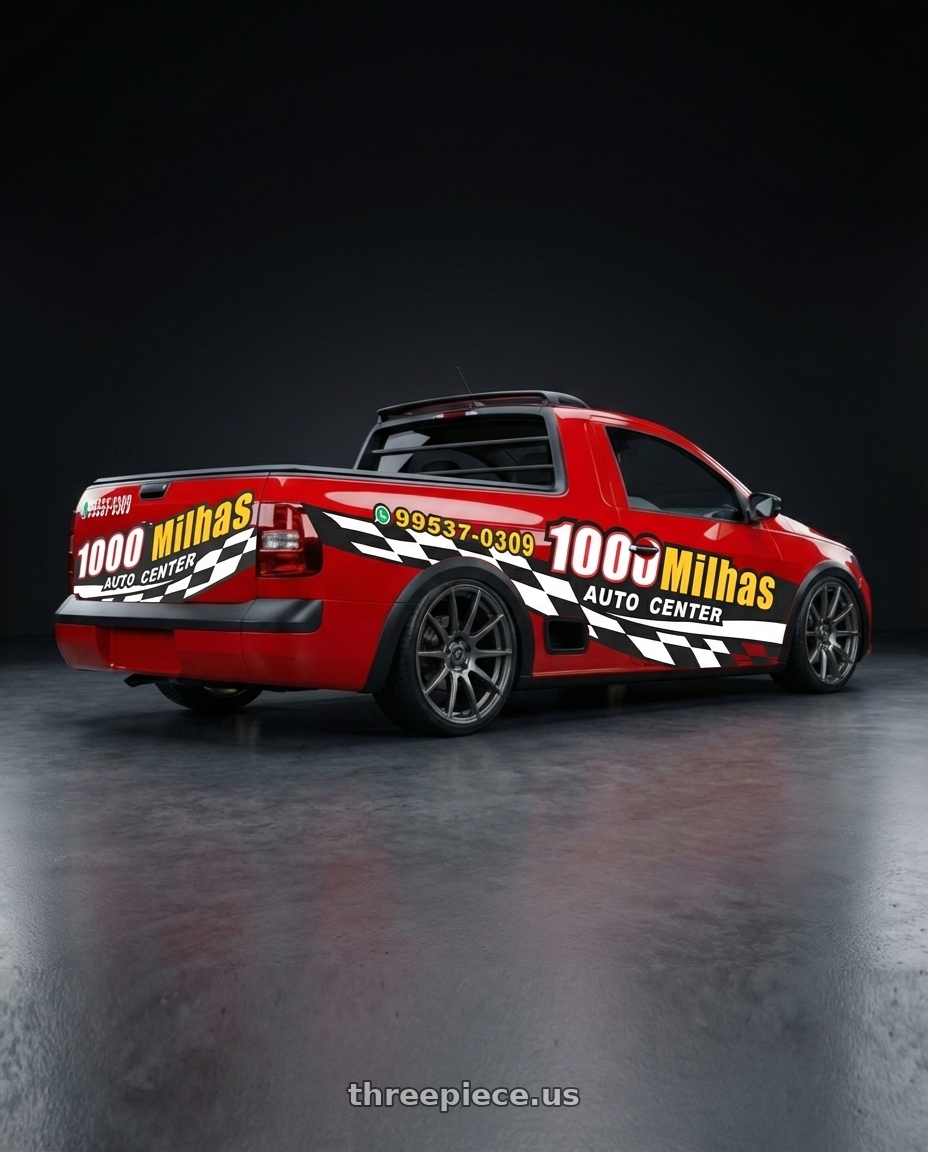 VOLKSWAGEN SAVEIRO 2015 RED ENVELOPADA with Forgestar CF10 5x114.3 20x9 +35 Gloss Anthracite wheels rear three quarter view square tires