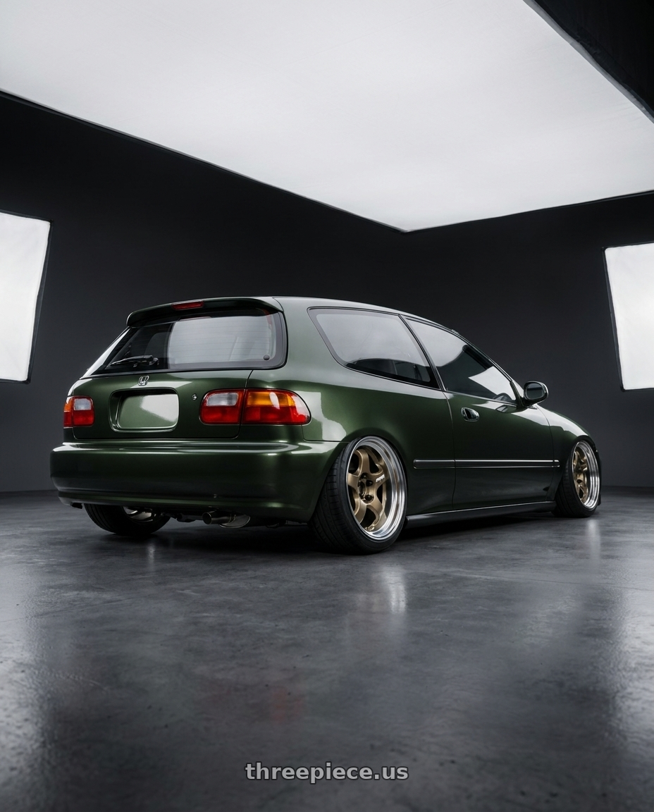 1995 honda civic dx hatchback nori green metalic with Work Meister S1 2P 4x100 15x7+38 O Disk Titanium Gold wheels rear three quarter view square tires