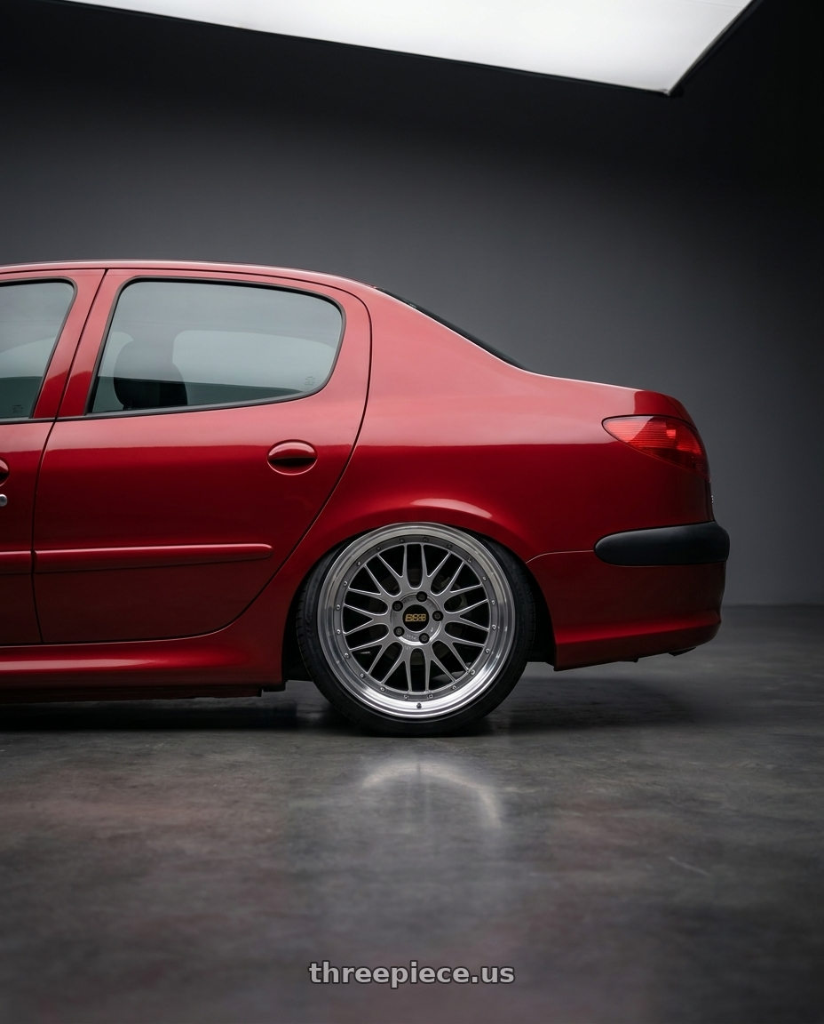 2011 Peugeot 206 SD RED with BBS LM 5x120 17x8.5+18 Diamond Silver wheels rear three quarter view slight stretch tires
