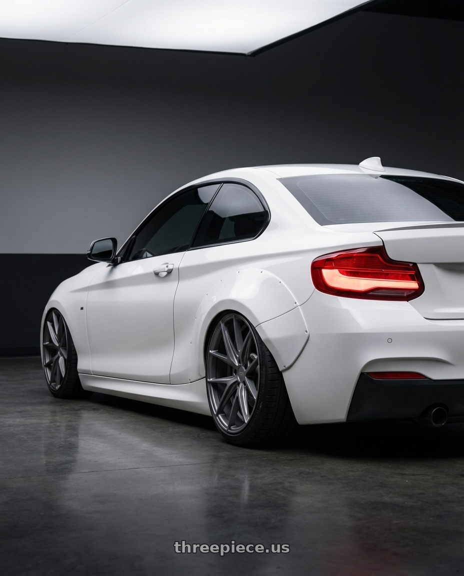 2018 BMW 2 Series F22 with Niche 1PC M116 MISANO 5X120 19X8.5 +35 MATTE GUN METAL wheels rear three quarter view slight stretch tires