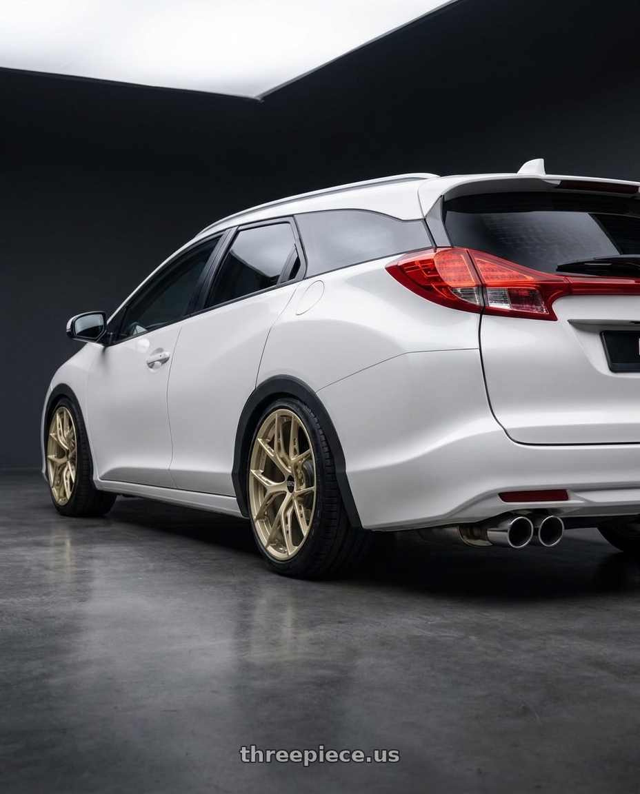 2016 Honda FK2 Civic Tourer, Dual-sided single-outlet aluminum alloy exhaust pipe with BBS FI-R Evo 5x112 19x9.5+15 White Gold wheels rear three quarter view slight stretch tires