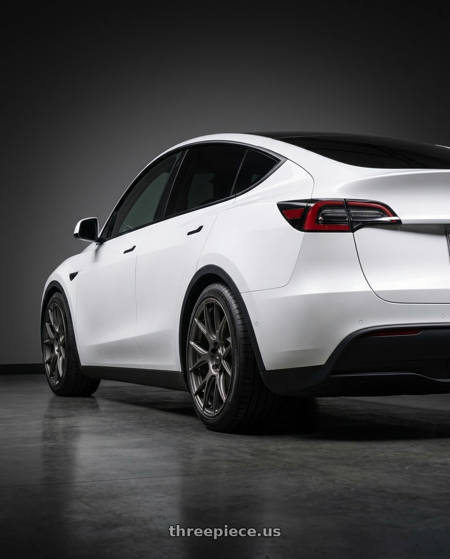 2024 Tesla Model Y with Konig Ampliform 5x114.3 20x8.5+30 Dark Metallic Graphite wheels rear three quarter view square tires