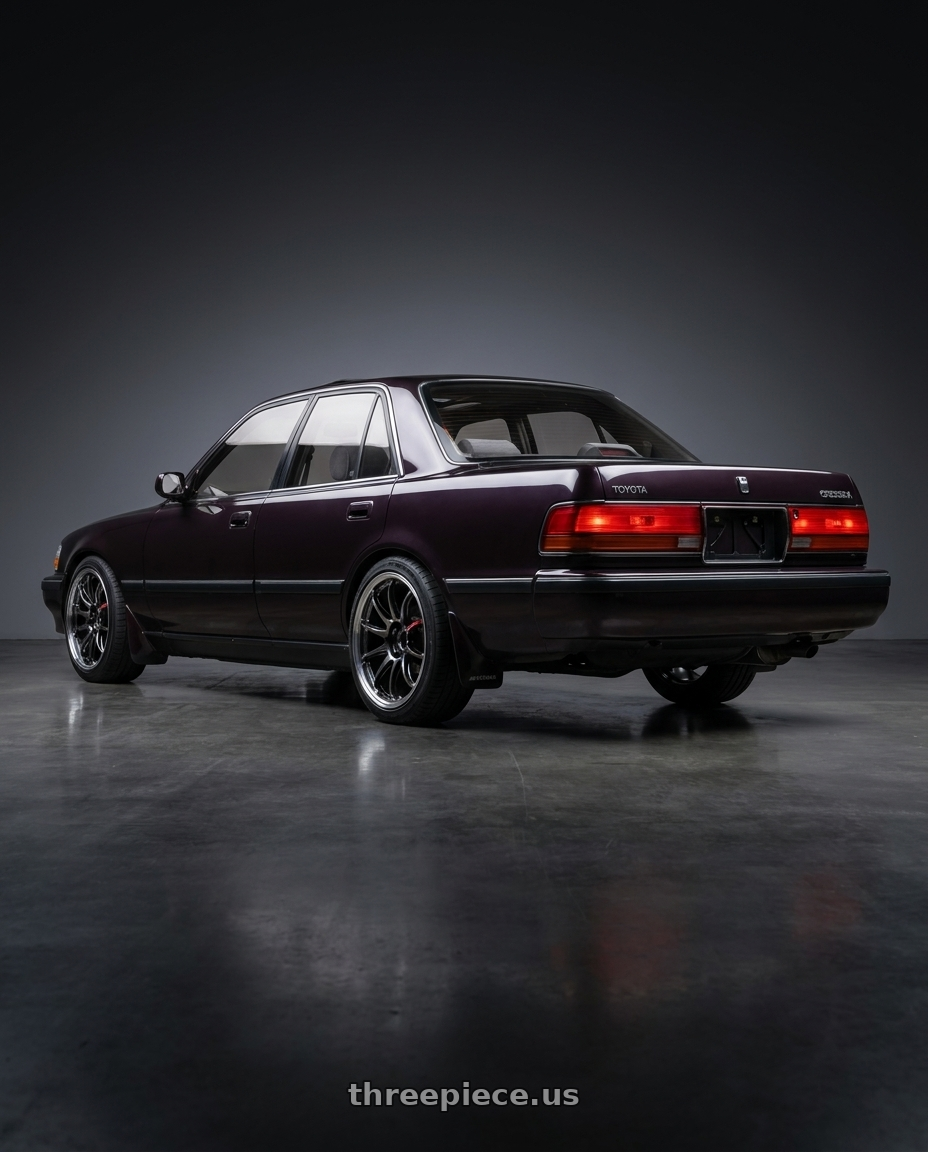 1992 Toyota cressida with Work Emotion Zr10 5x114.3 18x8.5 +38 Glim Black Diamond Rim cut wheels rear three quarter view square tires