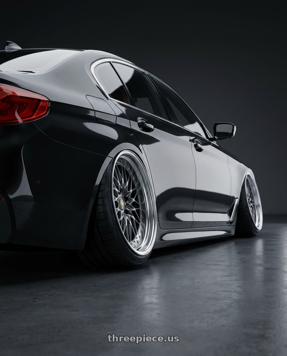 2019 BMW Series  with Work Vs-Xv 5x100 18x8+15 A Disk Brilliant Silver Black wheels rear three quarter view extreme stretch tires