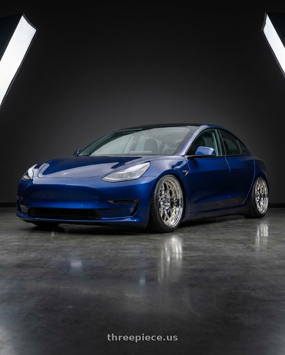 2023 Tesla model 3 with Aodhan DS01 5x114.3 18x9.5+30 Vacuum Chrome W/ Gold Rivets wheels