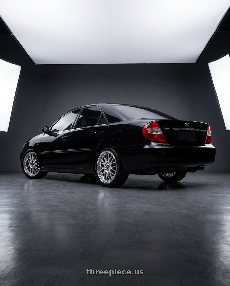 2005 Toyota Camry xv30 black  with BBS RS-GT 5x112 19x8.5+30 Diamond Silver wheels rear three quarter view slight stretch tires