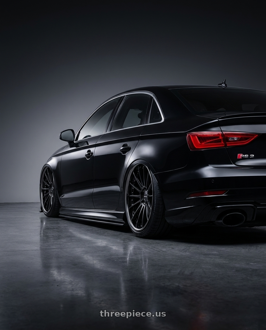 2017 Audi RS3 with EXECUTOR CV04 5X112 20X11+31 NR Disk Black wheels rear three quarter view extreme stretch tires