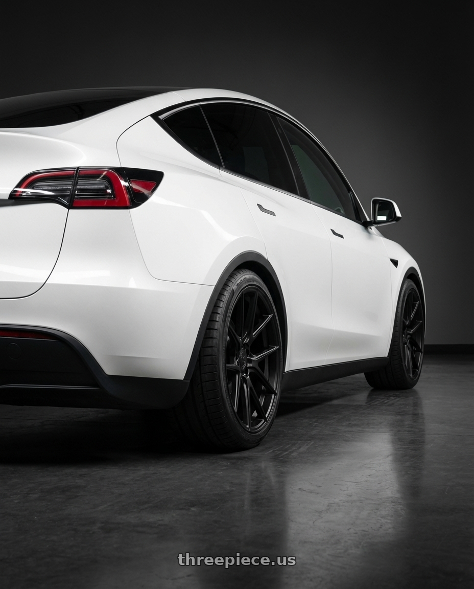 2024 Tesla Model Y with Aodhan AFF3 5x114.3 20x9+32 Matte Black wheels rear three quarter view square tires
