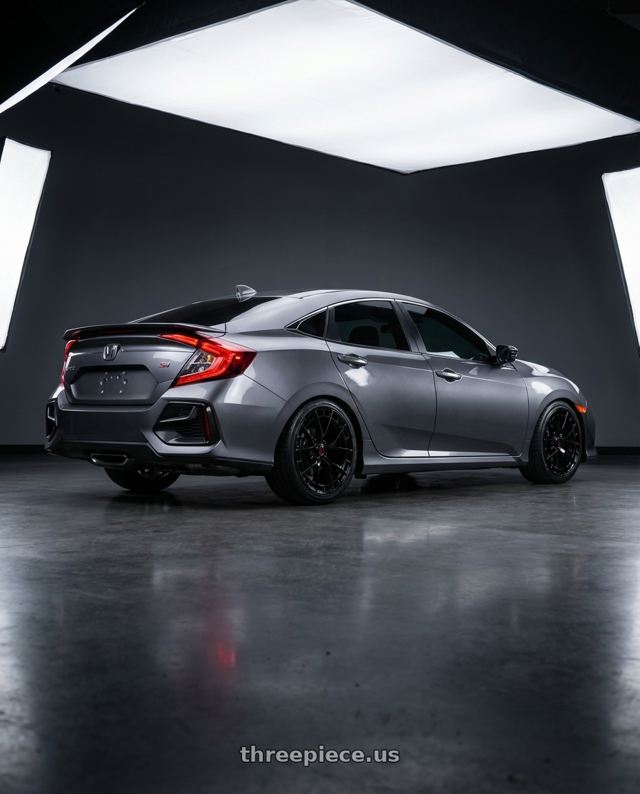2020 Honda civic si with TIS Motorsports 504B 5x114.3 20x8.5 +35 Gloss Black wheels rear three quarter view square tires