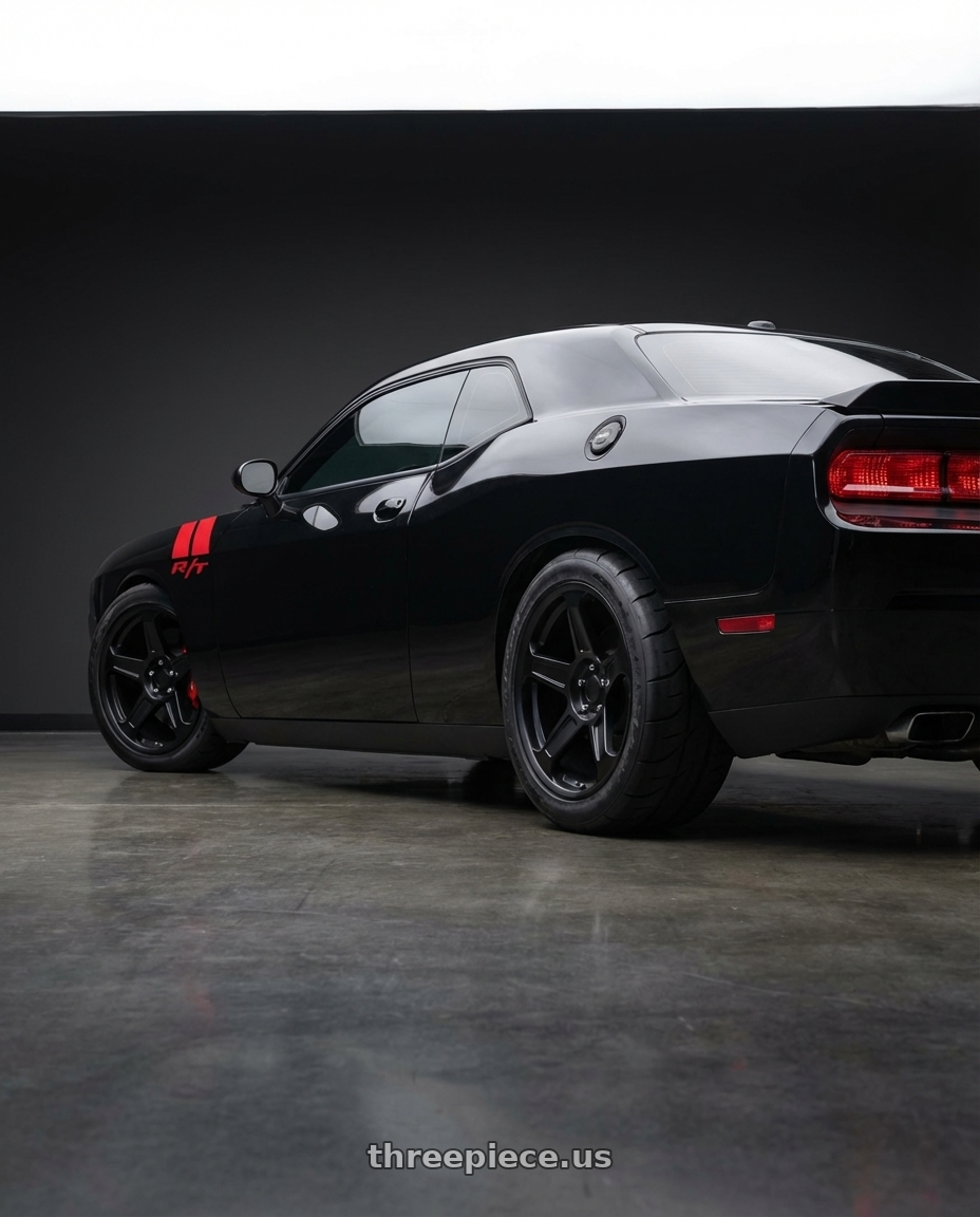 2010 dodge challenger with Voxx Replica Demon 5x115 20x10.5+25 Matte Black wheels rear three quarter view meaty tires