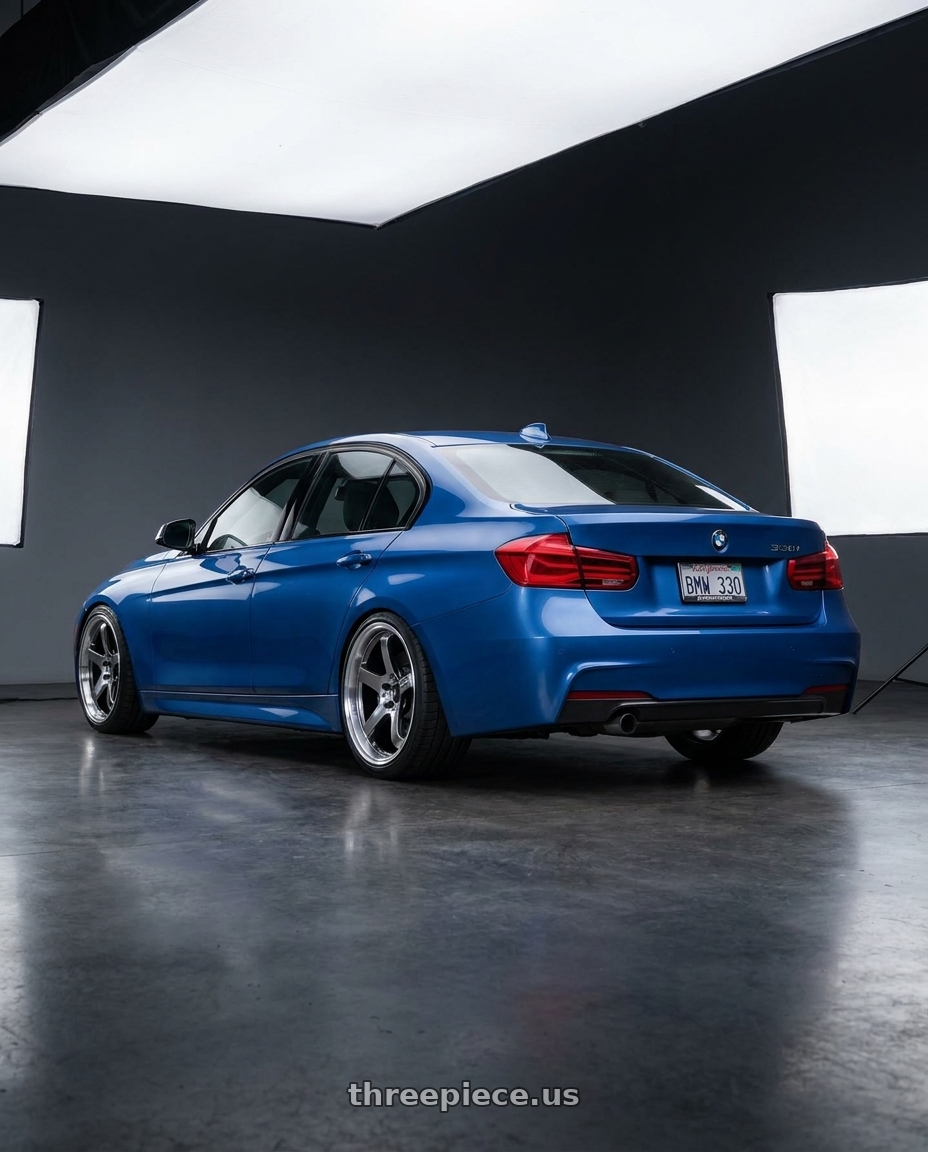 2017 BMW 330i with Advan Racing GT BEYOND 5x120 18x9.0 +53 MACHINING & HYPER PLATINUM BLACK wheels rear three quarter view square tires