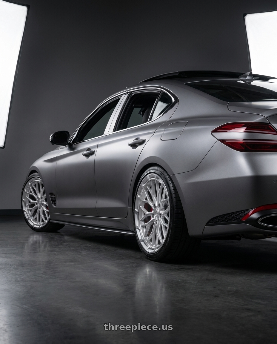 2024 Genesis g70 with DOLCE PERFORMANCE MAGARI 5x114.3 20x10 +40 Gloss Silver wheels rear three quarter view slight stretch tires