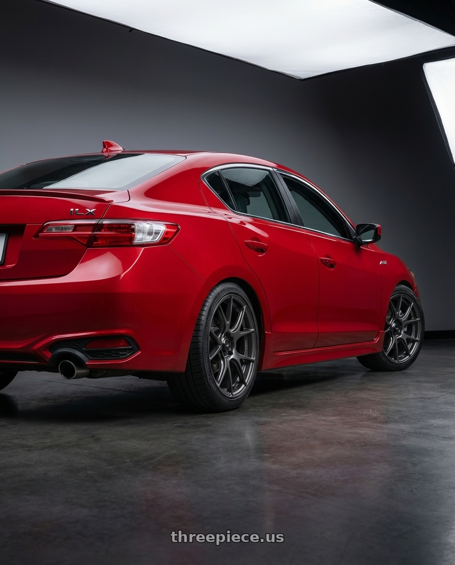 2012 Acura ILX with Konig Ampliform 5x114.3 17x9+40 Dark Metallic Graphite wheels rear three quarter view square tires