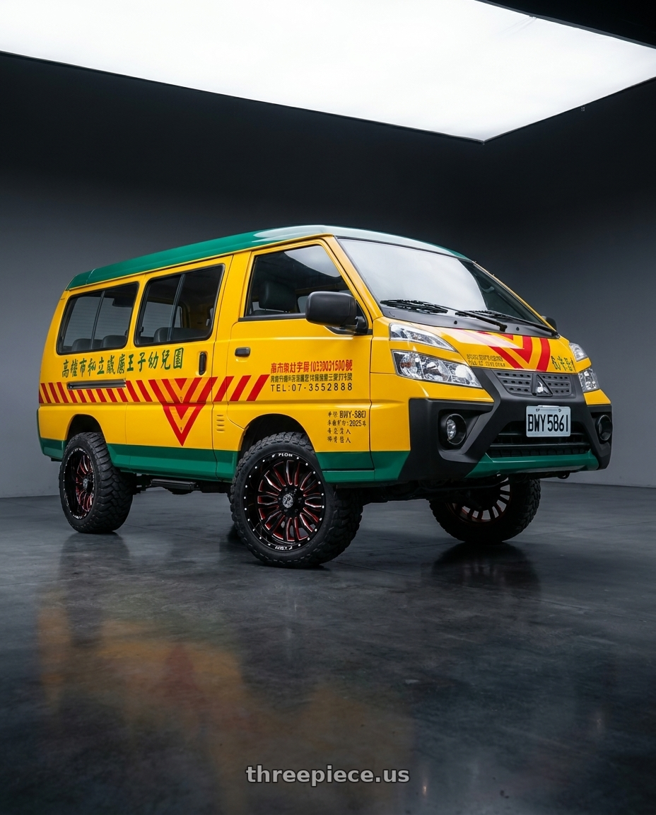 2019 Mitsubishi Delica (台灣幼稚園娃娃車) with XFX Flow XFX-305 5x127/5x139.7 24x12 -44 Gloss Black & Milled With Red Inner wheels