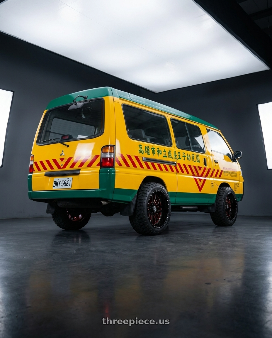 2019 Mitsubishi Delica (台灣幼稚園娃娃車) with XFX Flow XFX-305 5x127/5x139.7 24x12 -44 Gloss Black & Milled With Red Inner wheels rear three quarter view meaty tires