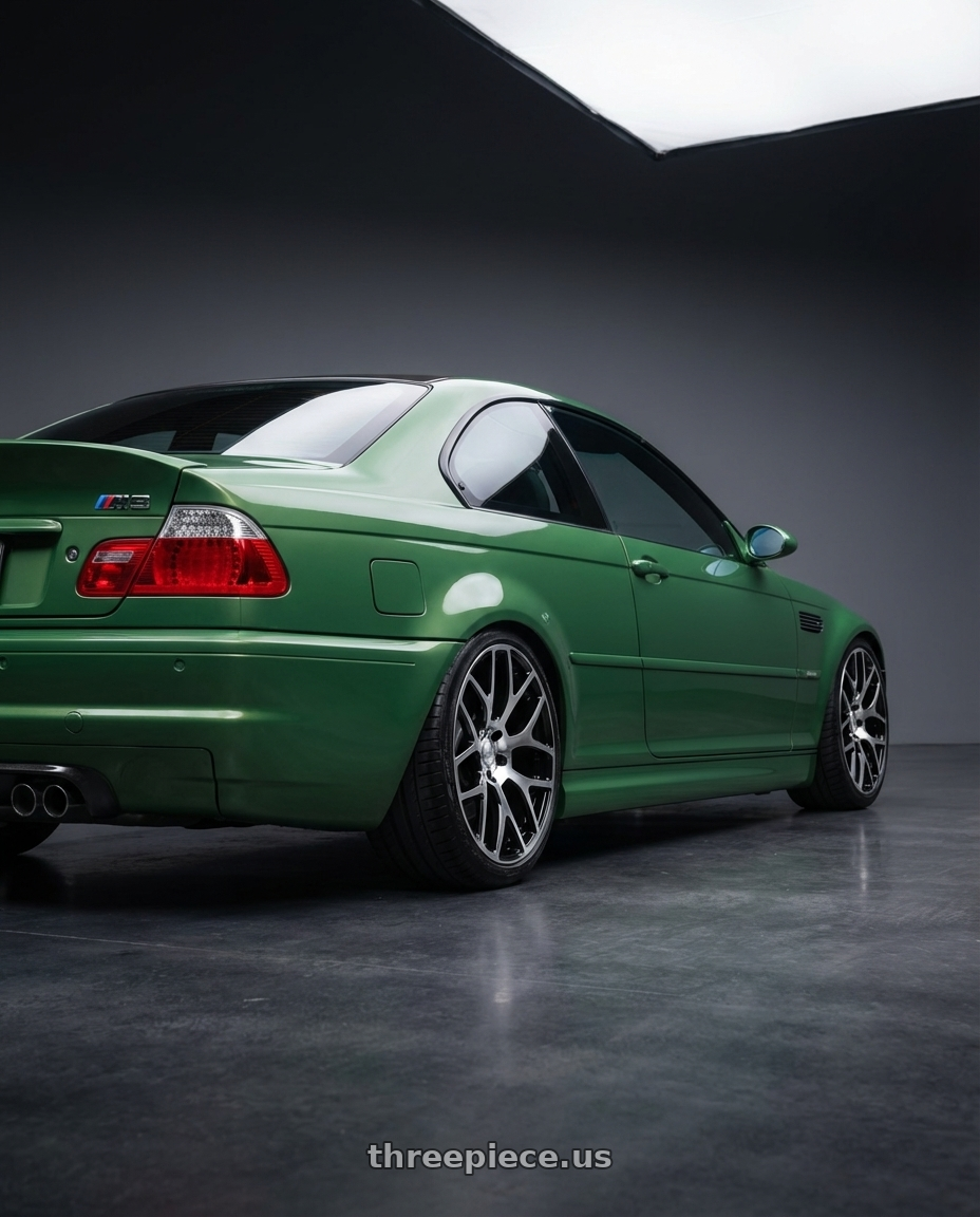 Bmw m3 csl 2005 with Coventry ASHFORD 5X108 18X8.5 +35 GLOSS BLACK W/ MIRROR CUT FACE wheels rear three quarter view slight stretch tires