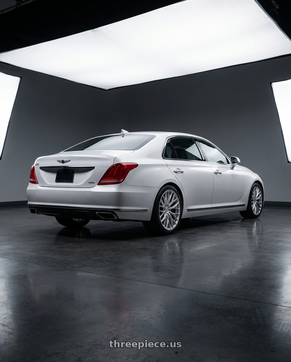 2018 genesis g90 ultimate with MRR GF5 5x114.3 19x8.5  +20 Silver Machine Face wheels rear three quarter view square tires